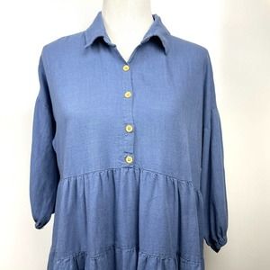 Umgee Size Small Blue Shirt Dress Denim Button Up 3/4 sleeve Tiered Linen Blend